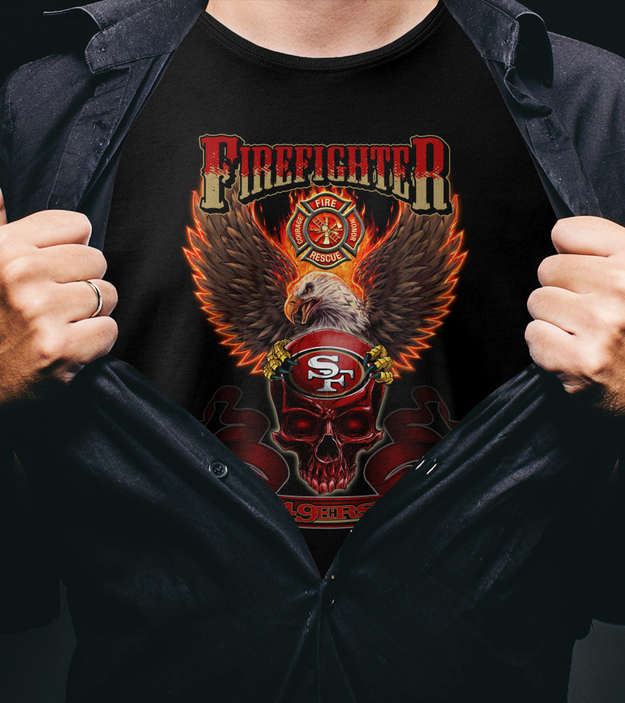 Firefighter Fire Rescue Eagle 49ers SF Skull T-Shirt