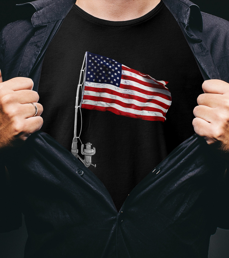 American Fishing Rod Flag Camping T-Shirt