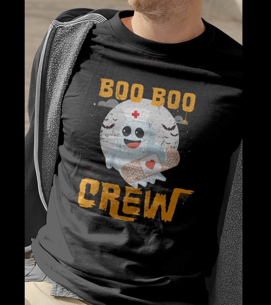 Boo Boo Crew Nurse Ghost With Bandage And Bats Moon Halloween T-Shirt