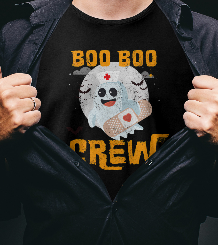 Boo Boo Crew Nurse Ghost With Bandage And Bats Moon Halloween T-Shirt