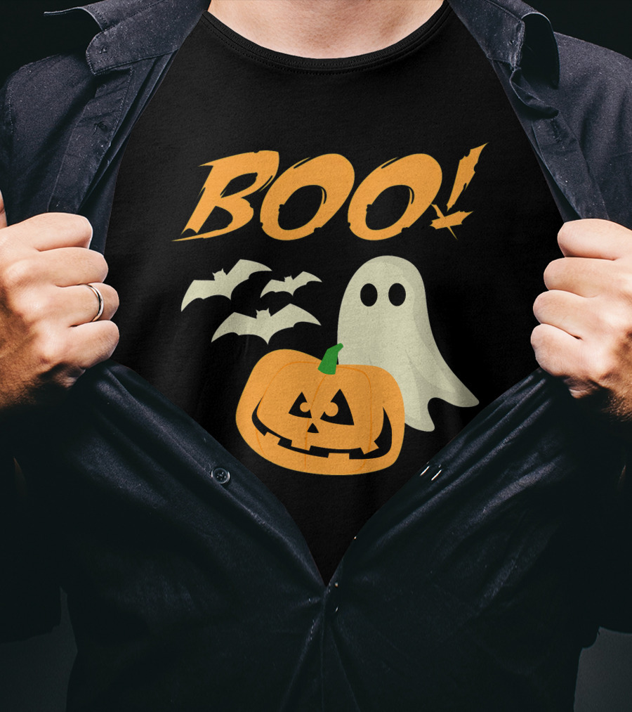 Boo Halloween Ghost Bats Jack O Lantern Spooky Scene T-Shirt
