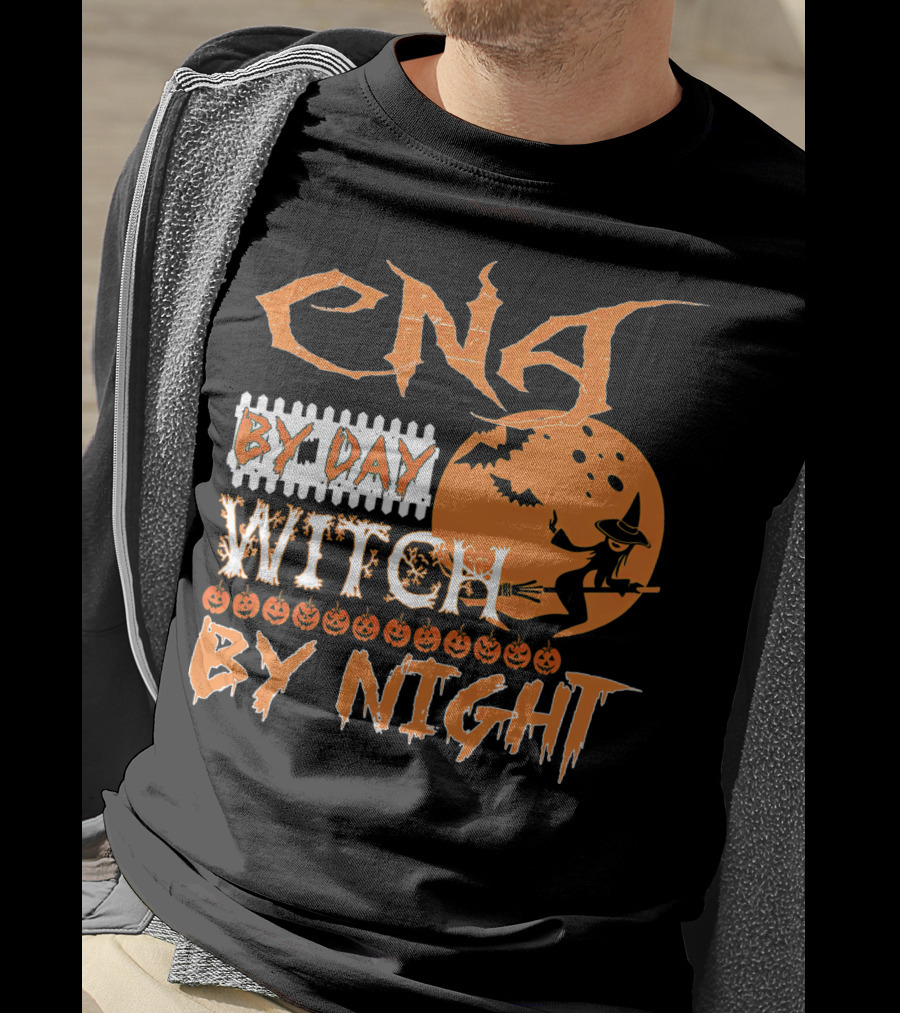 CNA By Day Witch By Night Flying Witch On Broom With Pumpkins And Bats T-Shirt