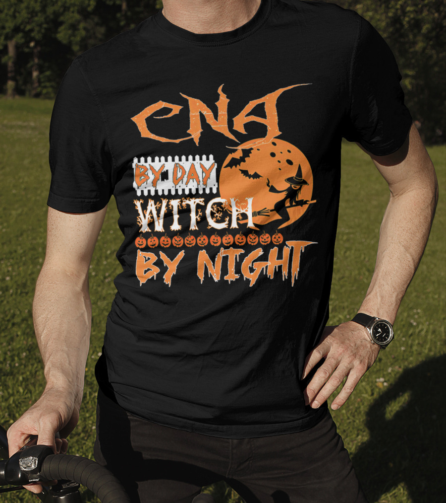 CNA By Day Witch By Night Flying Witch On Broom With Pumpkins And Bats T-Shirt