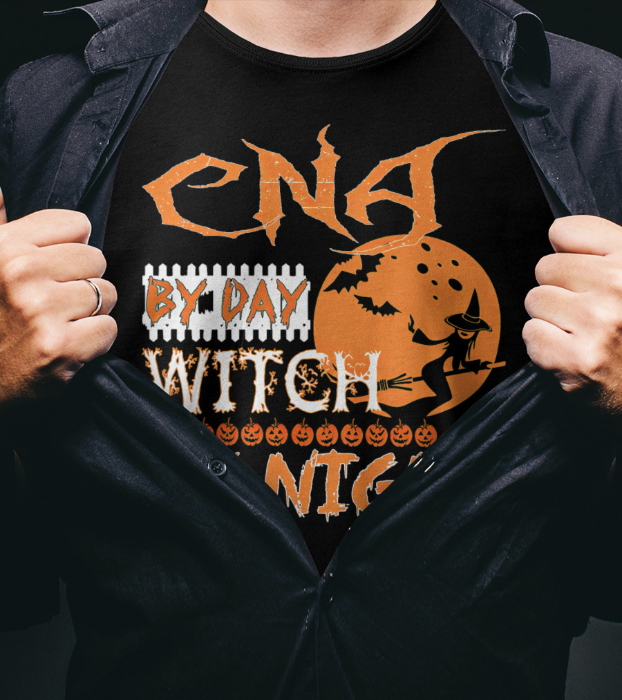 CNA By Day Witch By Night Flying Witch On Broom With Pumpkins And Bats T-Shirt