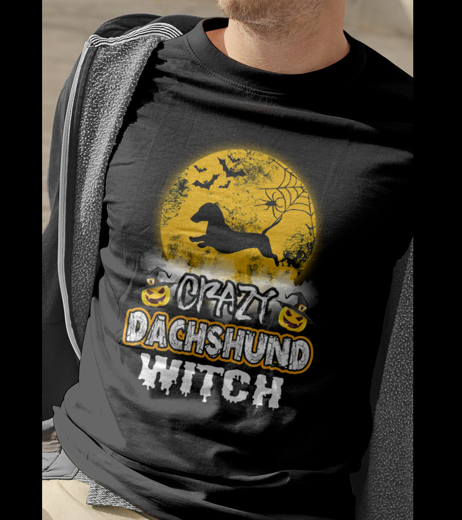 Crazy Dachshund Witch Moon Bats Pumpkin T-Shirt