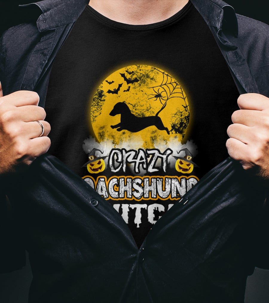 Crazy Dachshund Witch Moon Bats Pumpkin T-Shirt