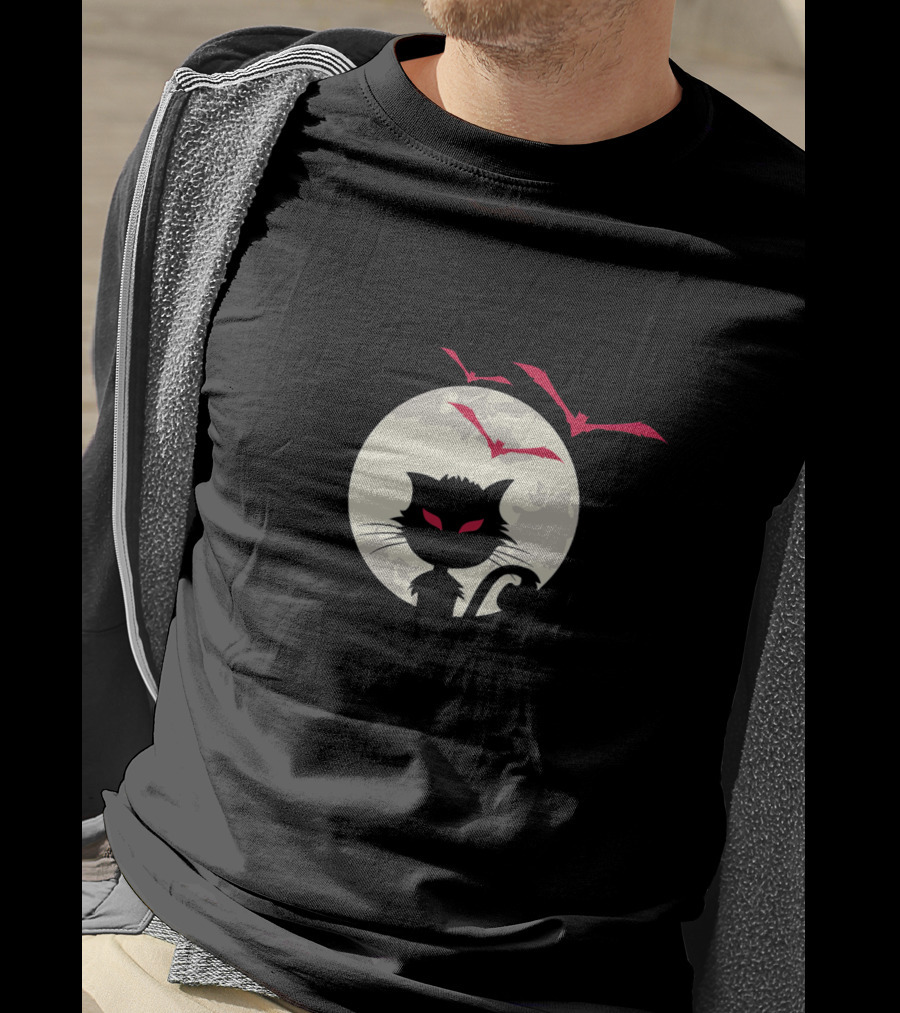 Cute Cat Silhouette With Red-Eyed Bats And Full Moon T-Shirt