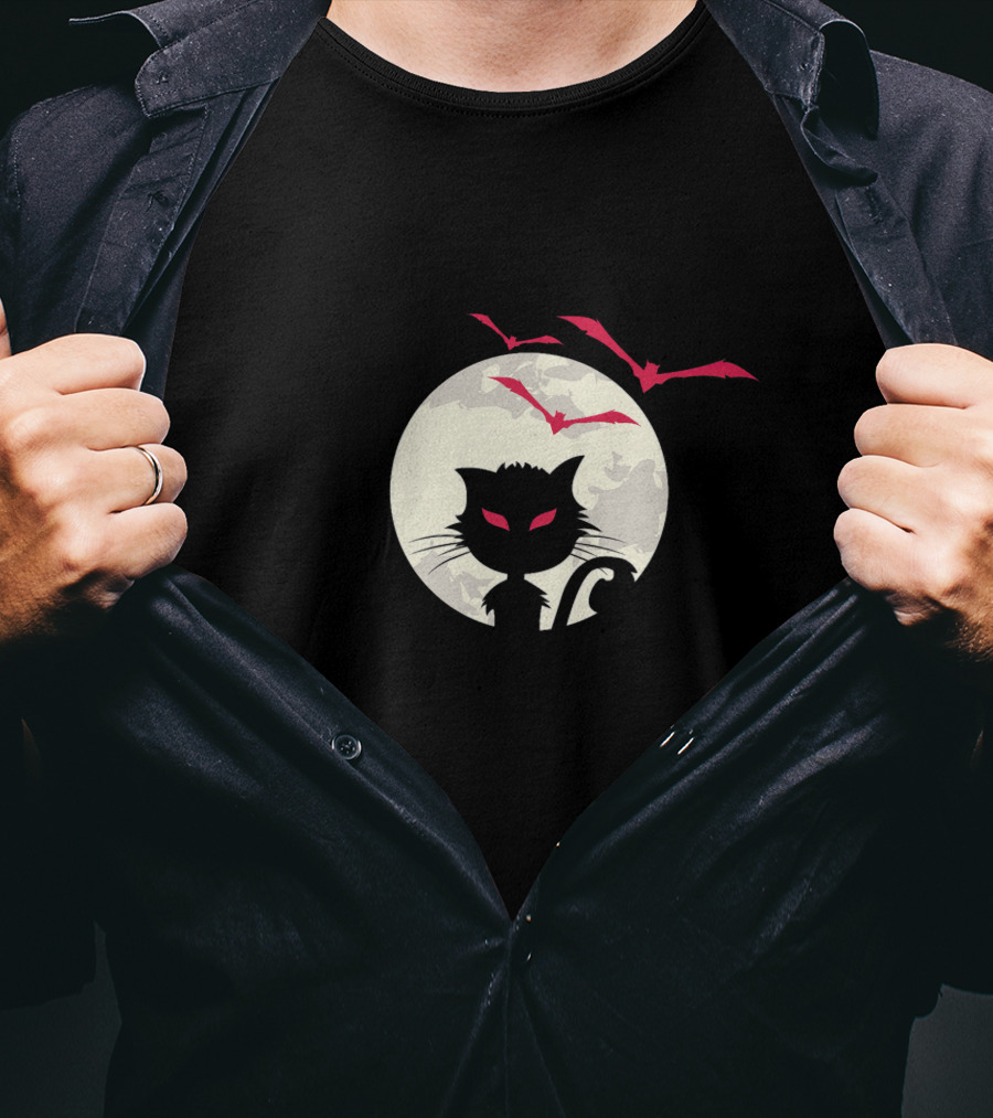 Cute Cat Silhouette With Red-Eyed Bats And Full Moon T-Shirt