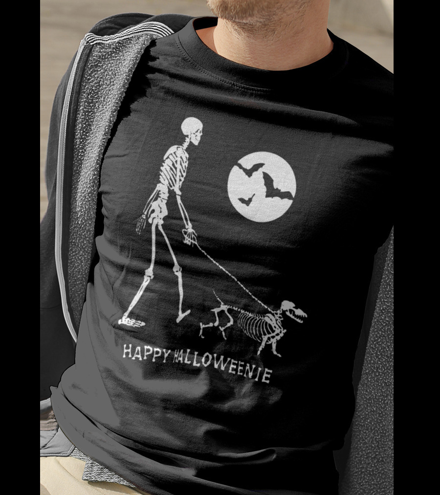 Happy Halloweenie Dachshund Skeleton Moon Bats T-Shirt