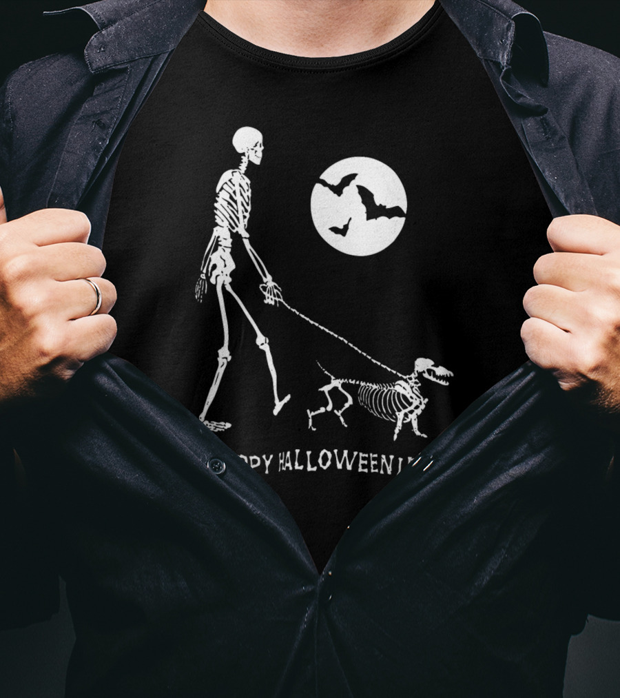 Happy Halloweenie Dachshund Skeleton Moon Bats T-Shirt