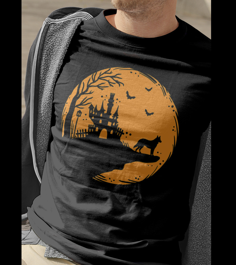 Halloween Dog Silhouette With Haunted Castle And Bats T-Shirt