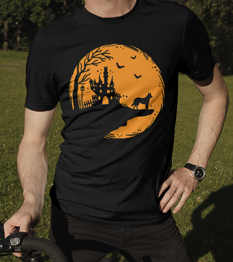 Halloween Dog Silhouette With Haunted Castle And Bats T-Shirt