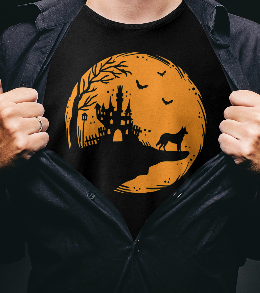 Halloween Dog Silhouette With Haunted Castle And Bats T-Shirt
