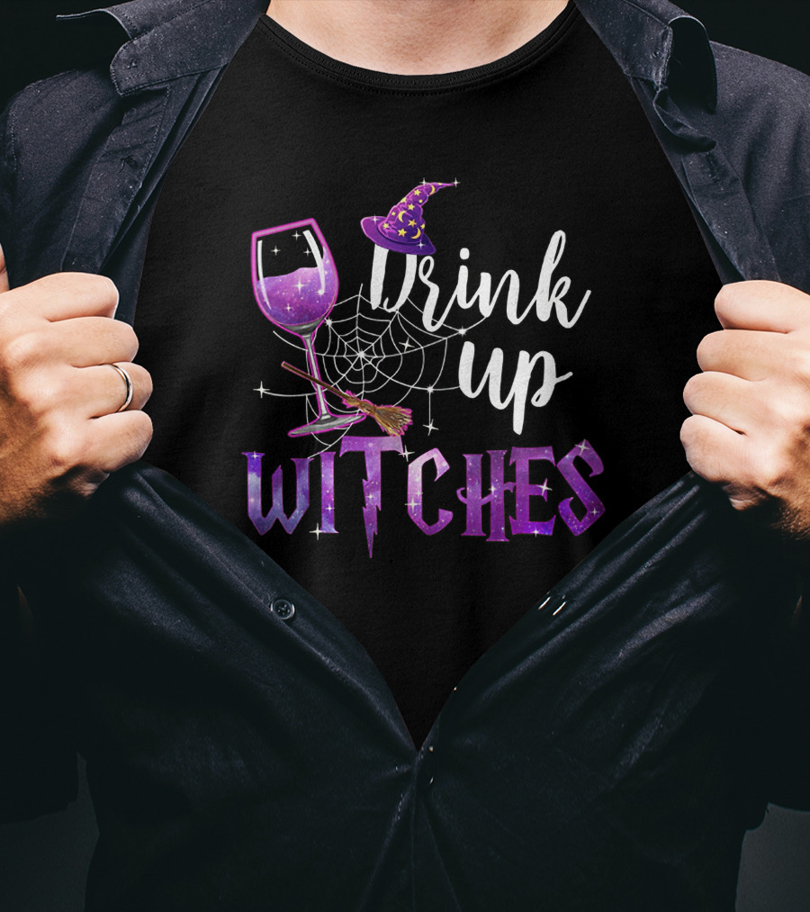 Drink Up Witches Halloween Wine Glass Witch Hat Broom Spiderweb T-Shirt