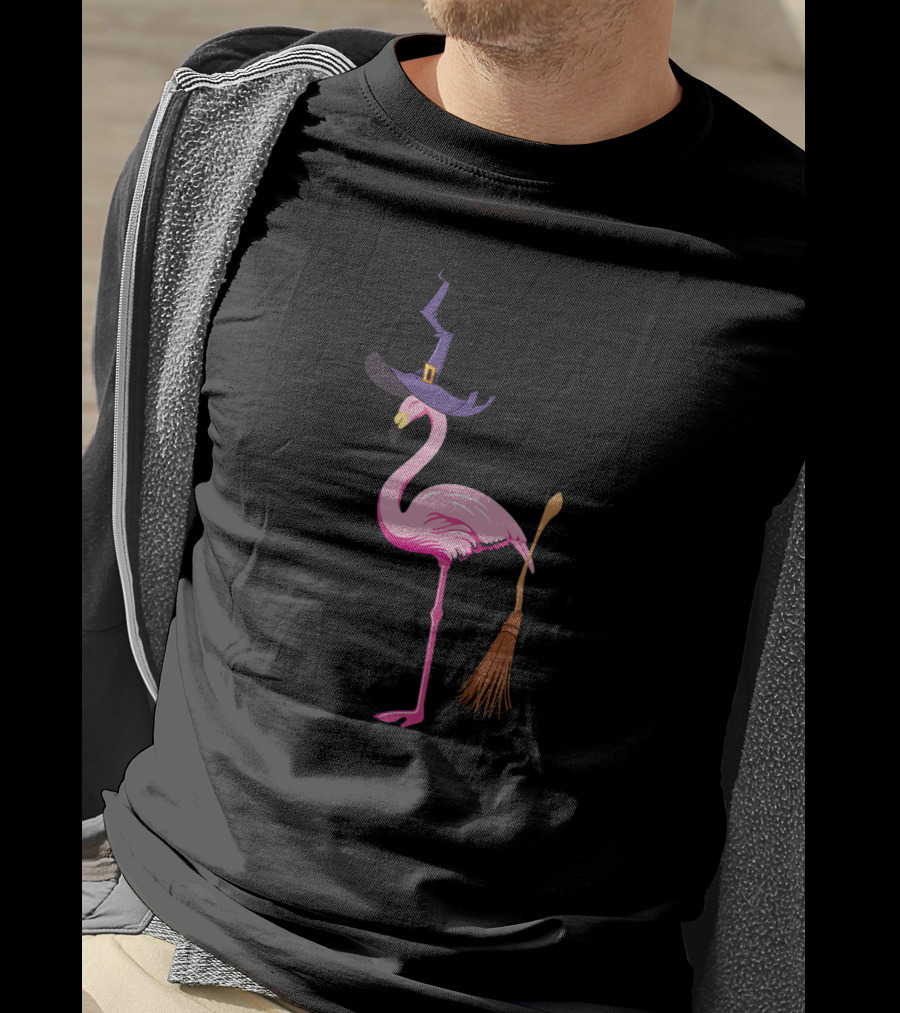 Flamingo Witch With Broom Halloween Magic T-Shirt