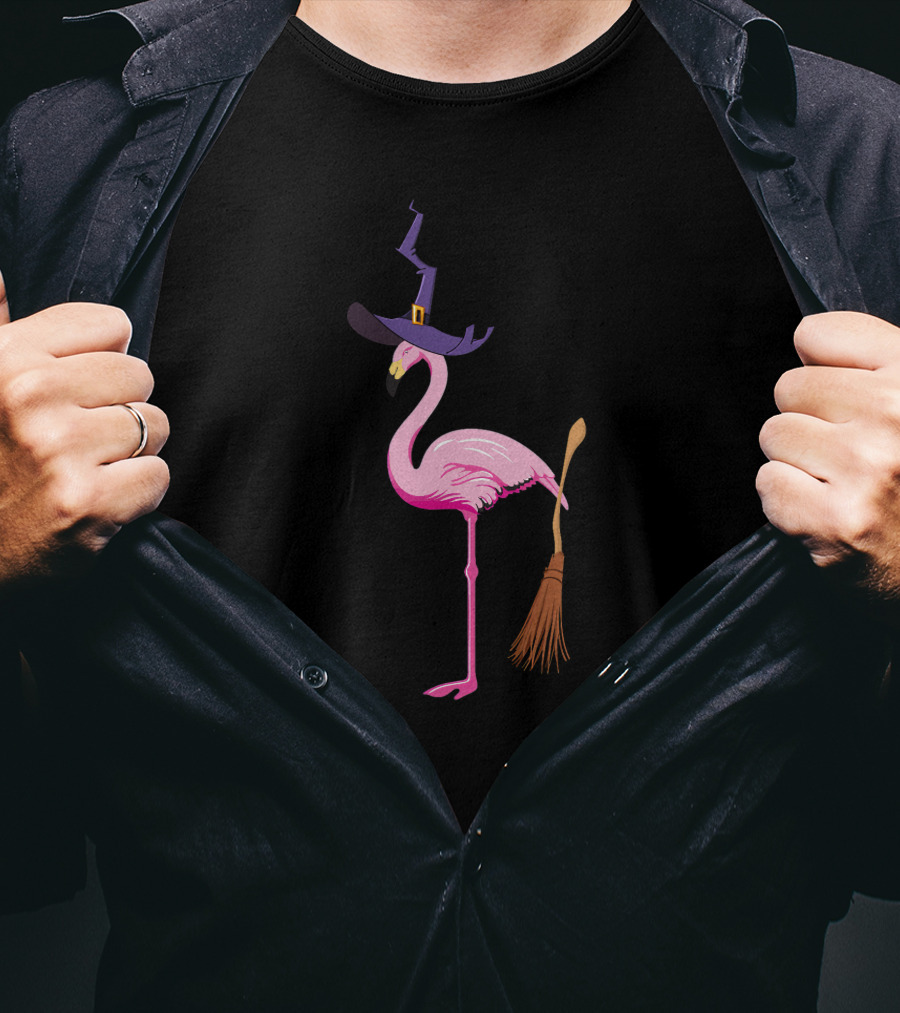 Flamingo Witch With Broom Halloween Magic T-Shirt