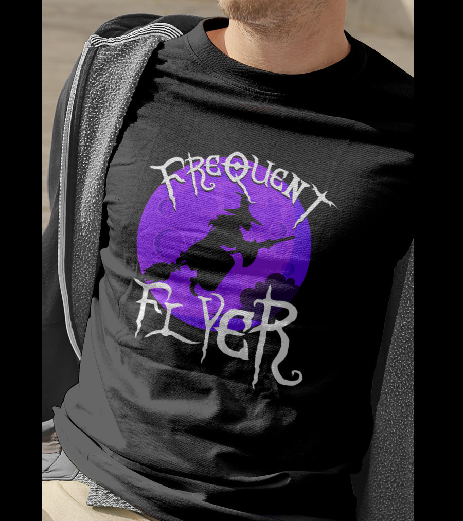 Frequent Flyer Witch Broom Silhouette Against Purple Moon T-Shirt