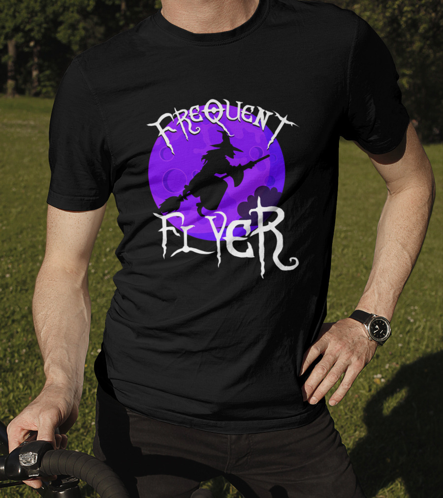 Frequent Flyer Witch Broom Silhouette Against Purple Moon T-Shirt