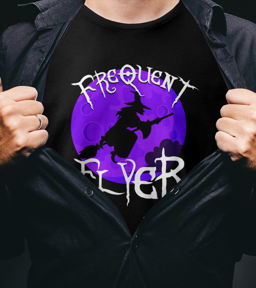Frequent Flyer Witch Broom Silhouette Against Purple Moon T-Shirt