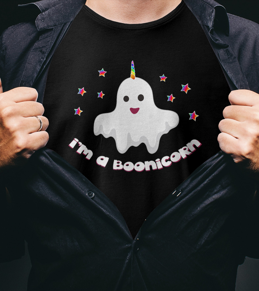 I'm A Boonicorn Funny Halloween Ghost With Rainbow Unicorn Horn And Colorful Stars T-Shirt