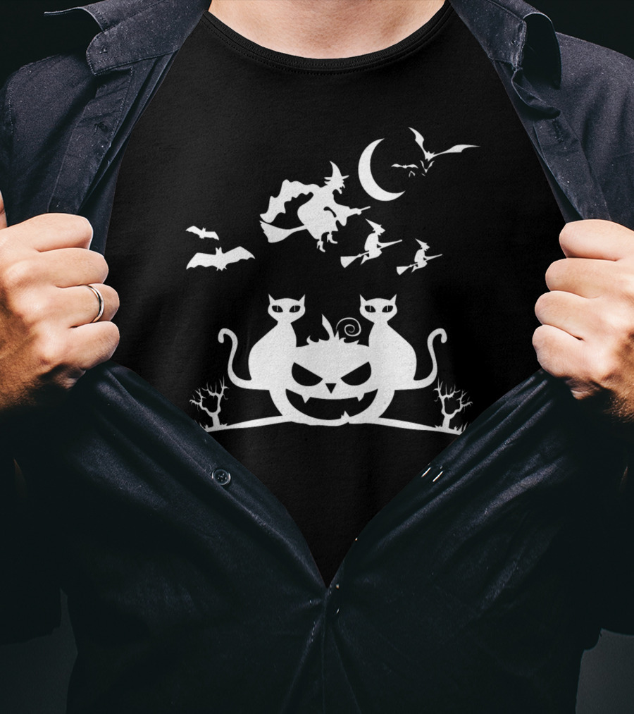 Halloween Cats Jack-o'-Lantern Witches Moon Bats T-Shirt