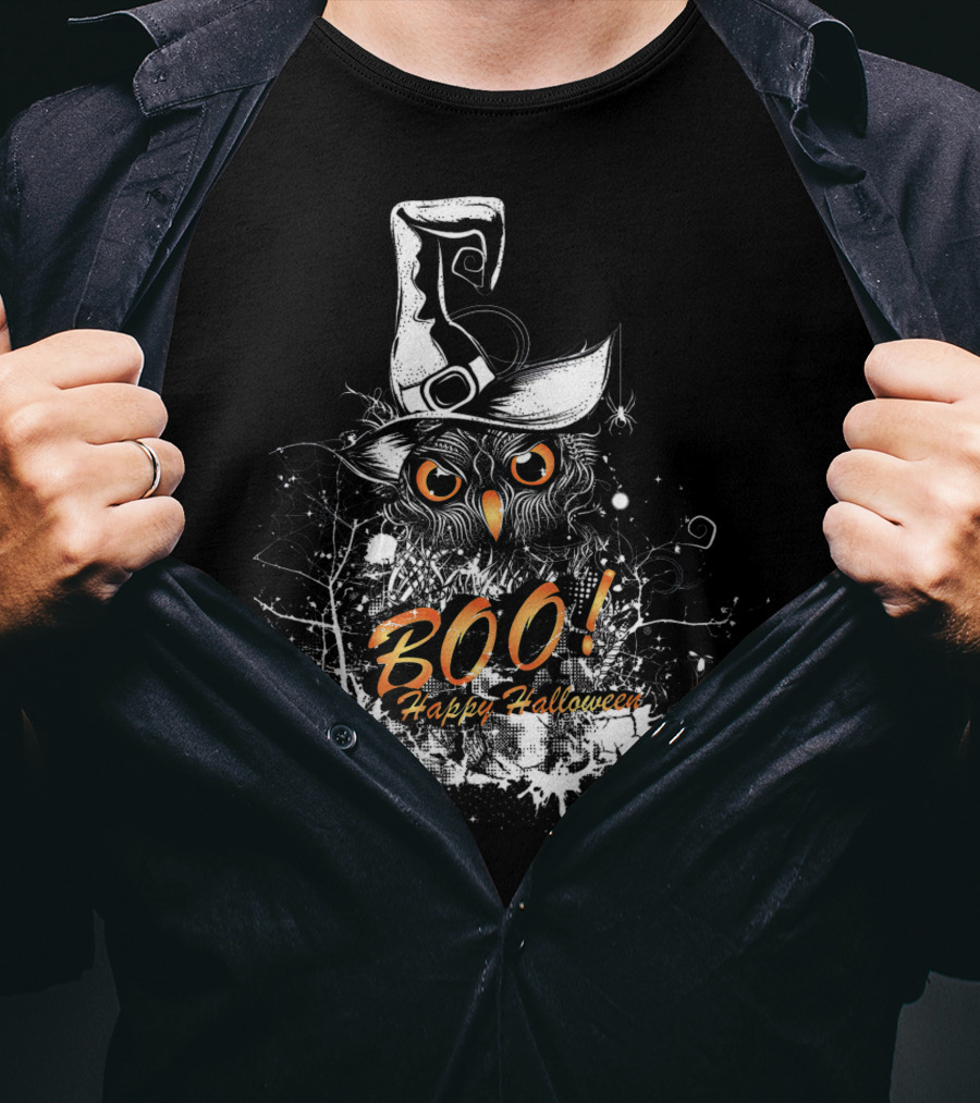 BOO Happy Halloween Owl With Witch Hat T-Shirt