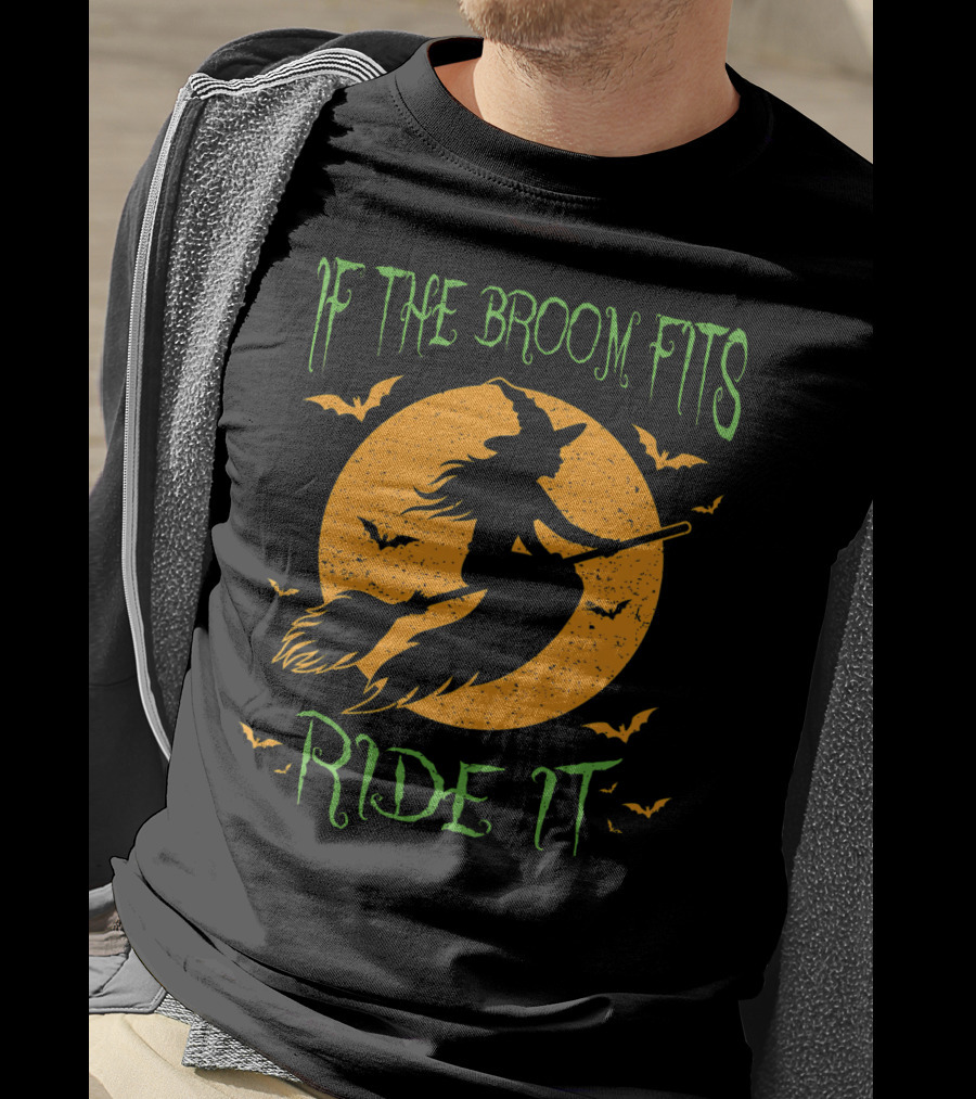 If The Broom Fits Ride It Halloween Witch Silhouette Bat Moon T-Shirt