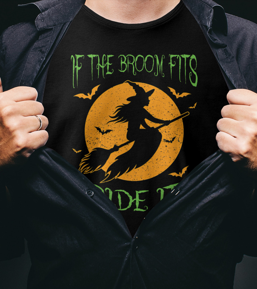 If The Broom Fits Ride It Halloween Witch Silhouette Bat Moon T-Shirt