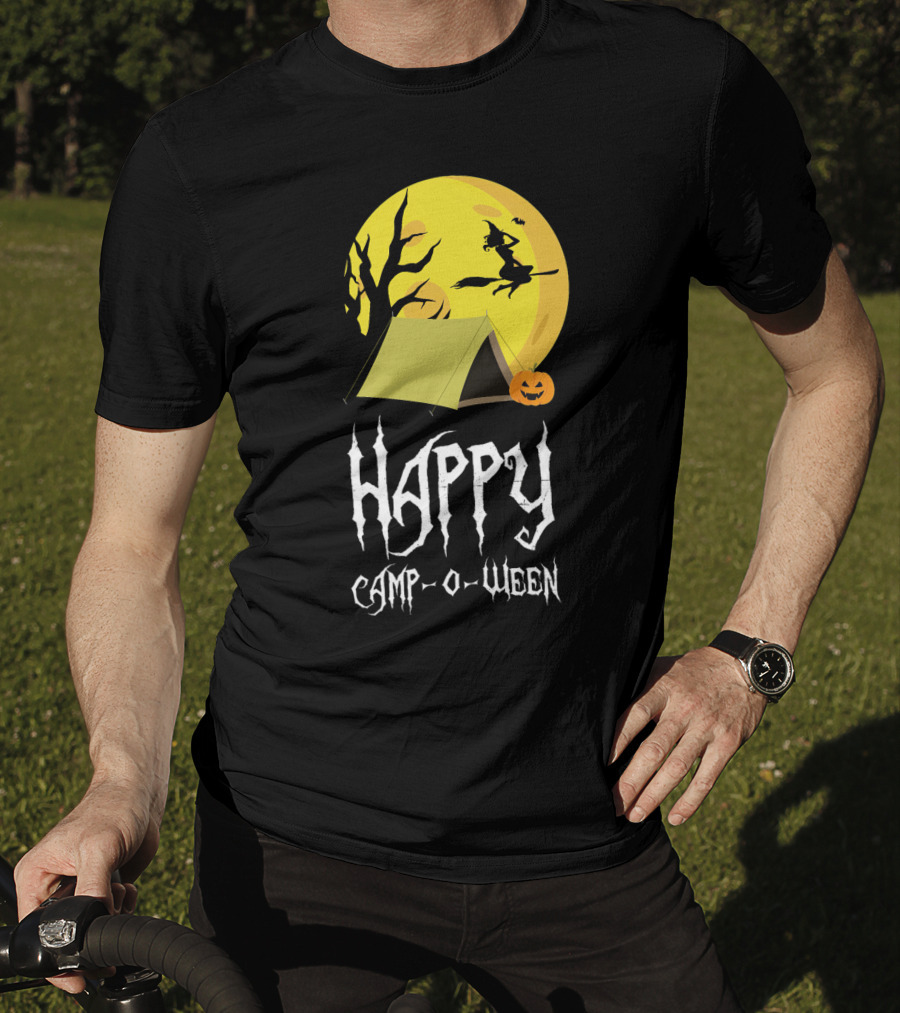 Happy Camp O Ween With Witch And Pumpkin Camping Under Full Moon T-Shirt