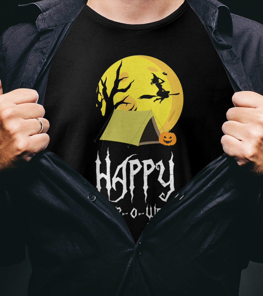 Happy Camp O Ween With Witch And Pumpkin Camping Under Full Moon T-Shirt