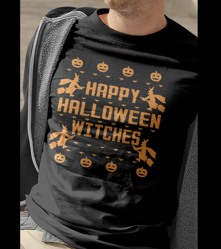 Happy Halloween Witches Flying Broomsticks Pumpkins Bats T-Shirt