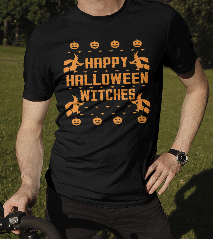 Happy Halloween Witches Flying Broomsticks Pumpkins Bats T-Shirt
