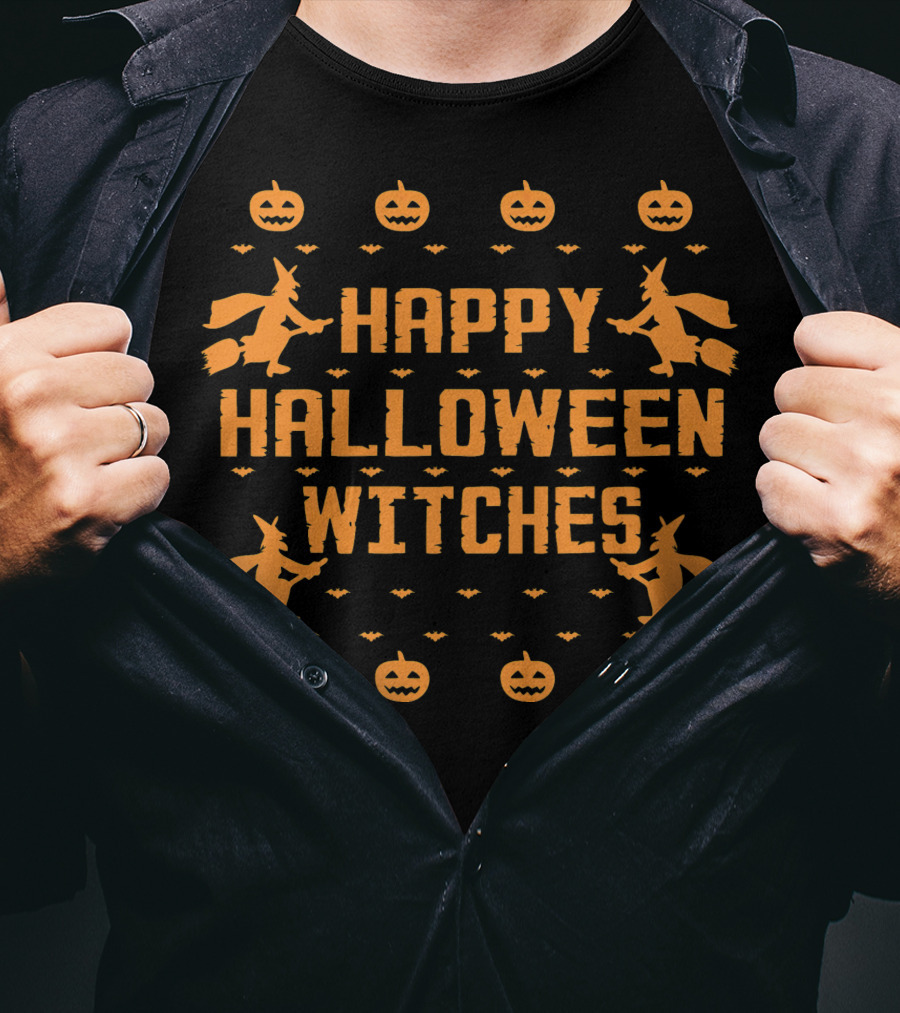 Happy Halloween Witches Flying Broomsticks Pumpkins Bats T-Shirt