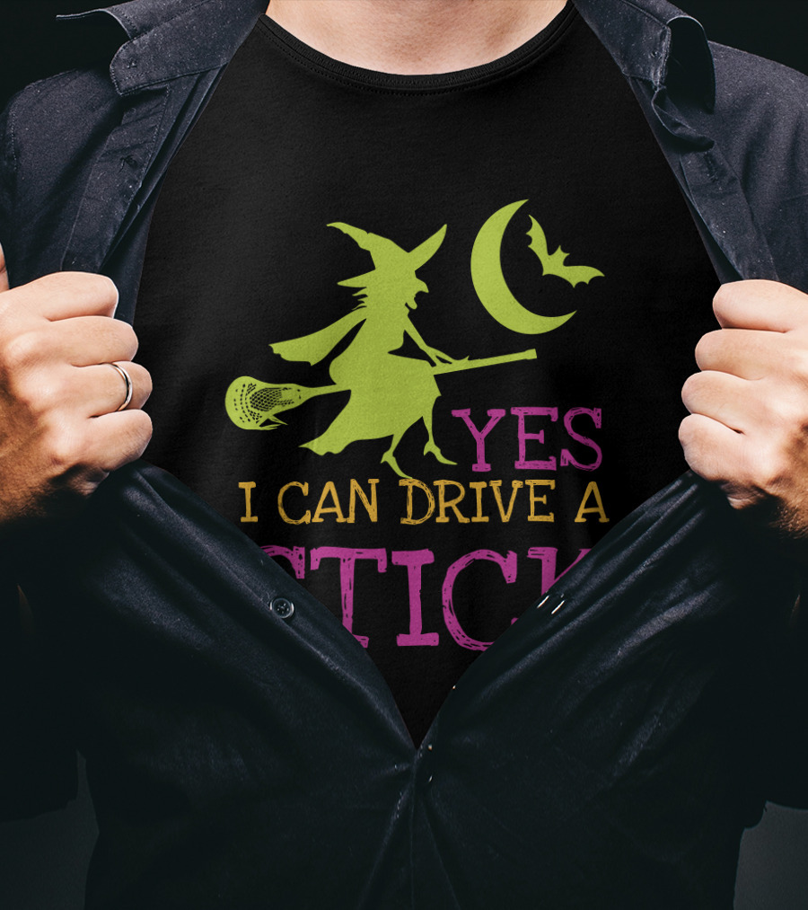Yes I Can Drive A Lacrosse Stick Witch Halloween Moon Bat T-Shirt