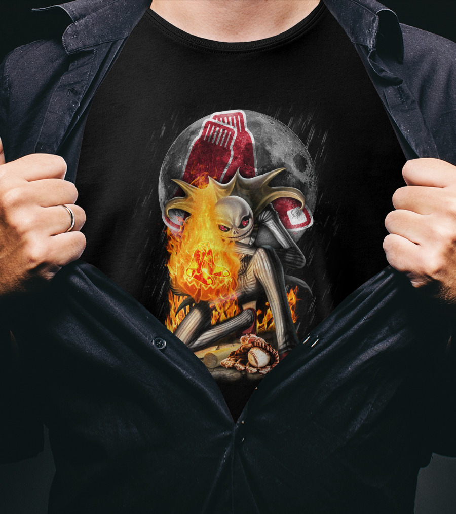 Jack Skellington Boston Red Sox Skeletal Flames Moon Baseball Fusion T-Shirt