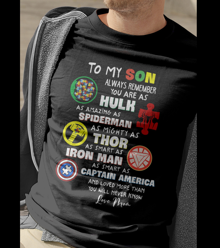 To My Son Always Remember You Are As Hulk As Amazing As Spiderman As Mighty As Thor As Smart As Iron Man Captain America Love Mom T-Shirt