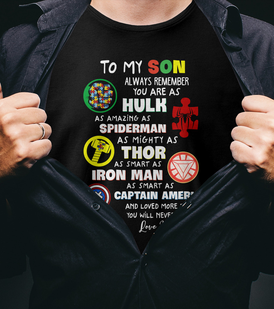 To My Son Always Remember You Are As Hulk As Amazing As Spiderman As Mighty As Thor As Smart As Iron Man Captain America Love Mom T-Shirt