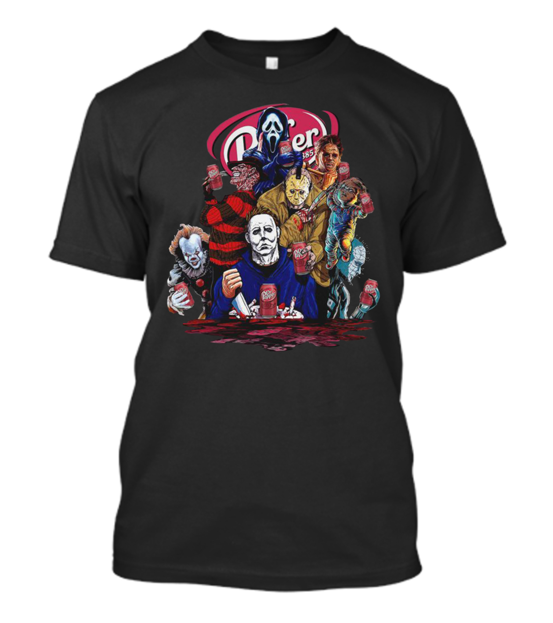 Dr Pepper Halloween Icons With Classic Horror Figures Holding Cans T-Shirt