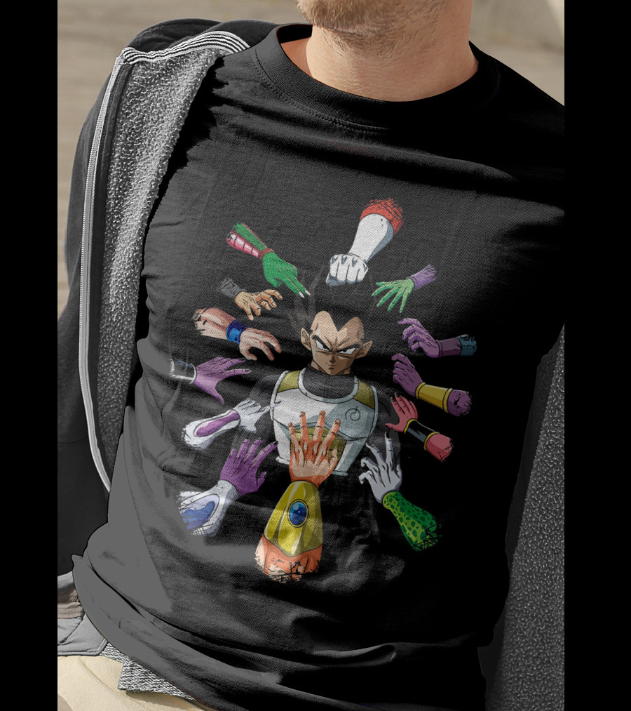 Vegeta Surrounded By Colorful Hands In John Wick T-Shirt