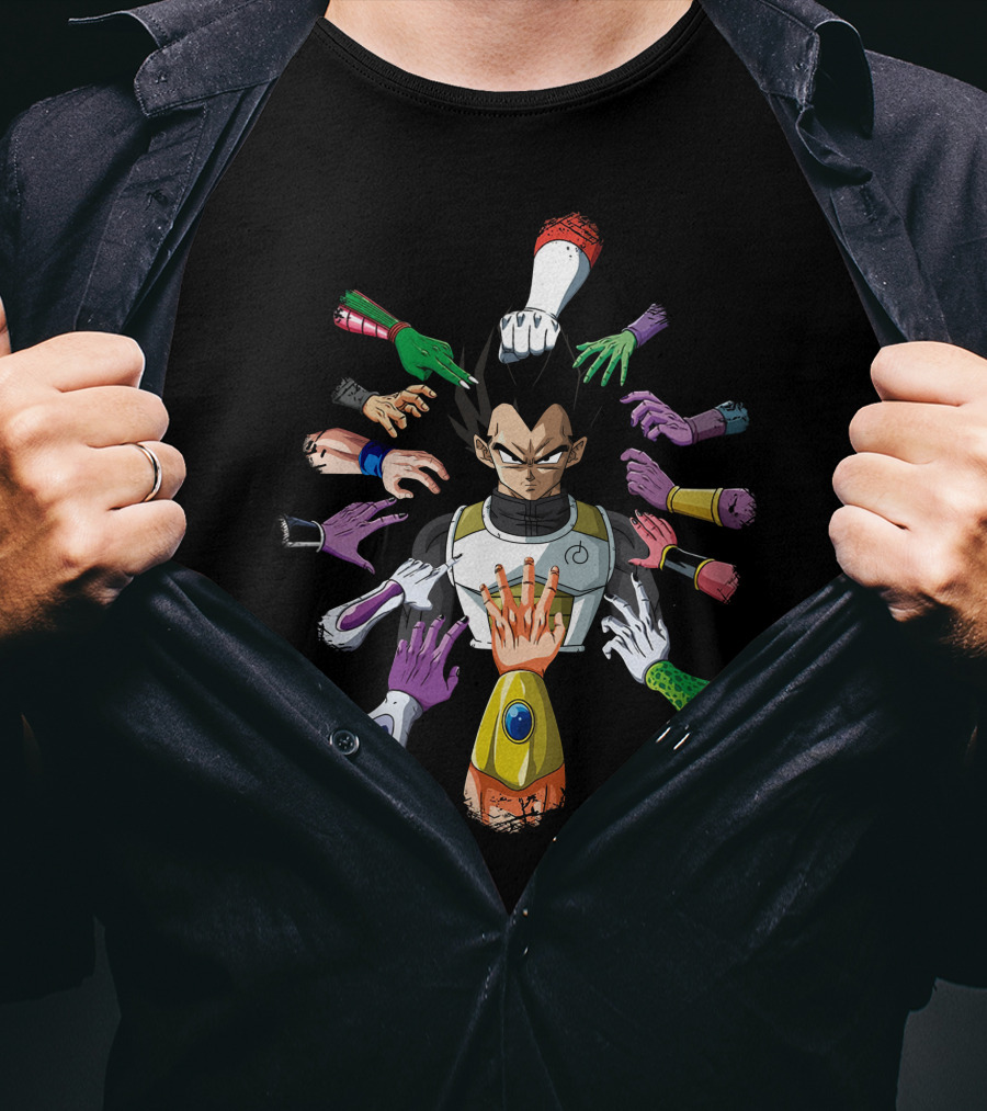 Vegeta Surrounded By Colorful Hands In John Wick T-Shirt