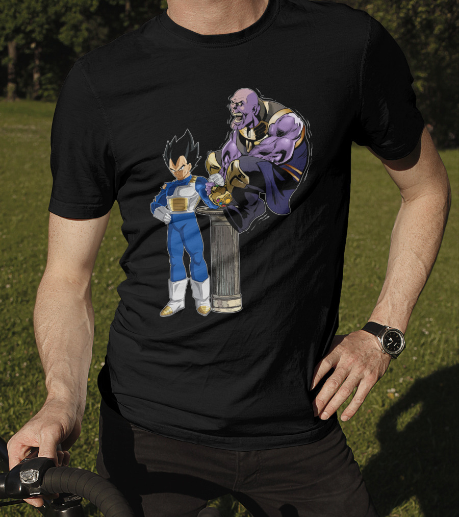 Vegeta And Thanos Arm Wrestling On Stone Pedestal T-Shirt