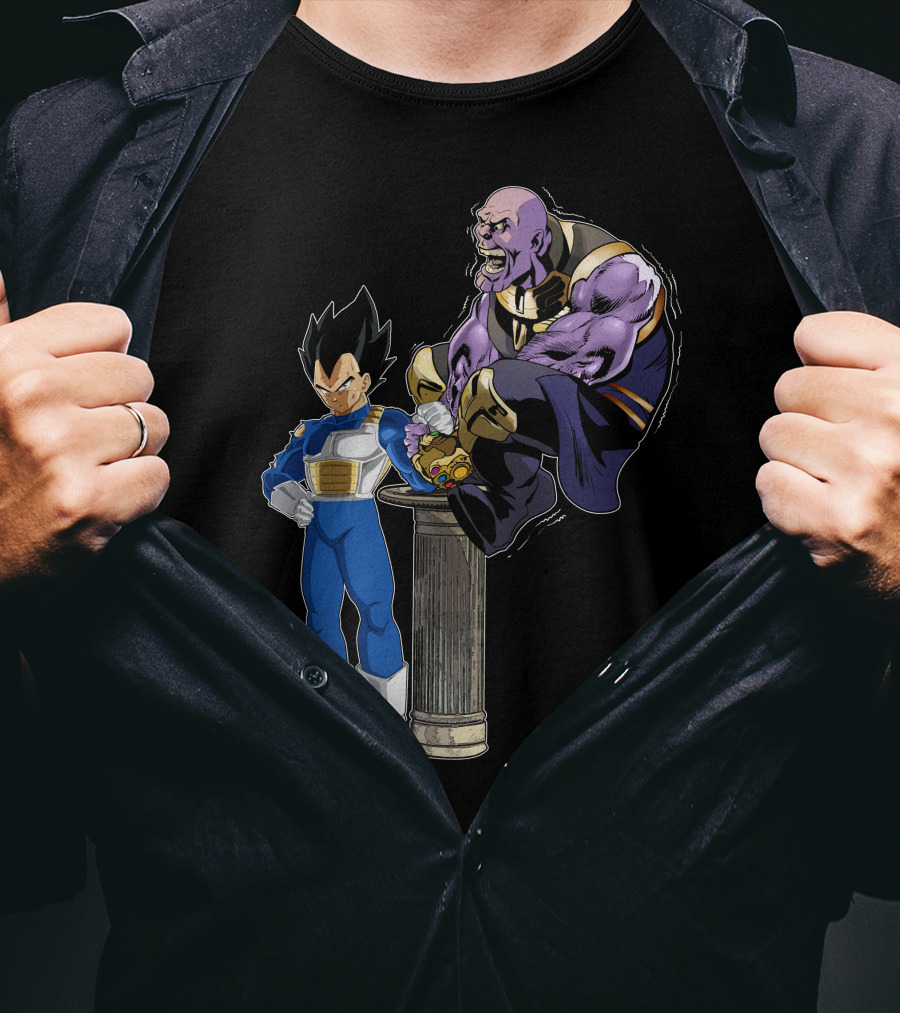 Vegeta And Thanos Arm Wrestling On Stone Pedestal T-Shirt