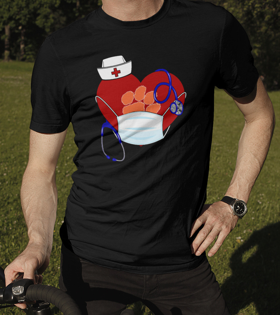 Heart Tigers Nursing Mask Stethoscope Paw Prints T-Shirt