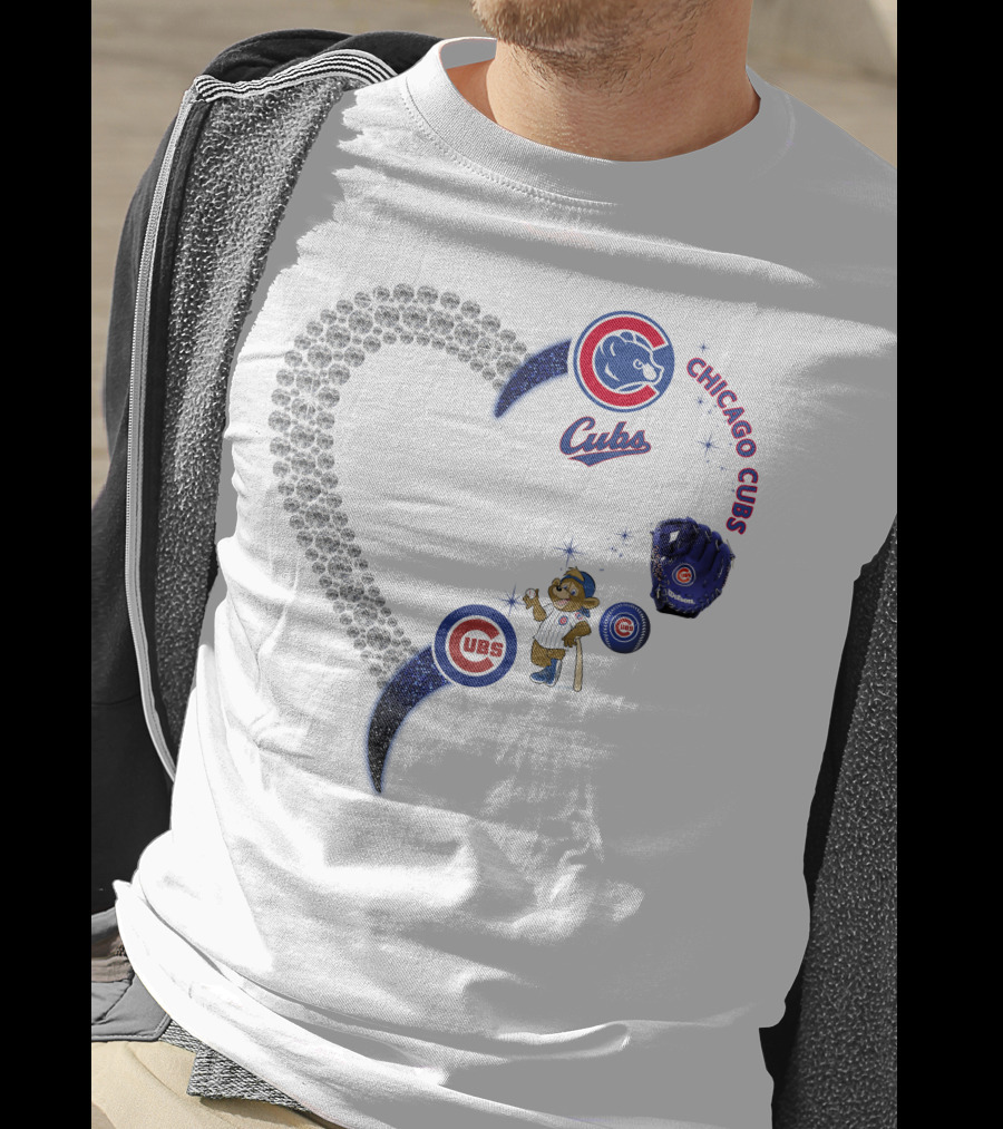 Chicago Cubs Heart Design With Logos And Bear Mascot T-Shirt