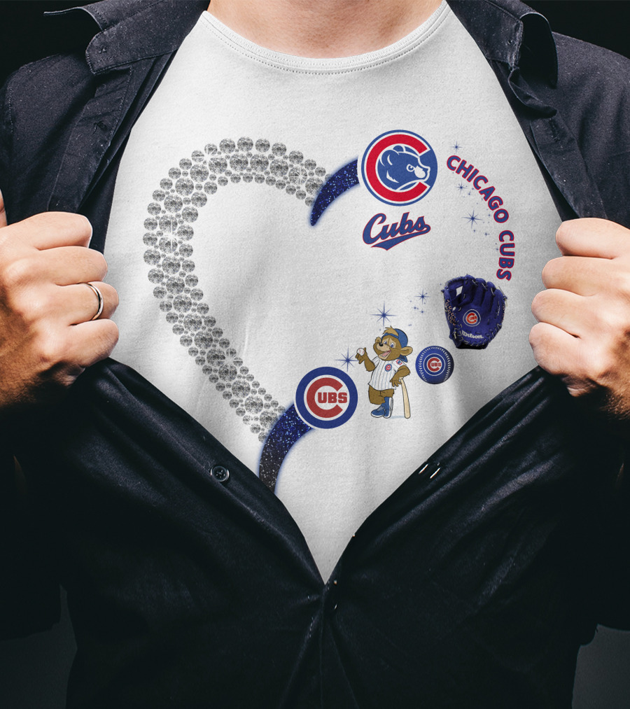 Chicago Cubs Heart Design With Logos And Bear Mascot T-Shirt
