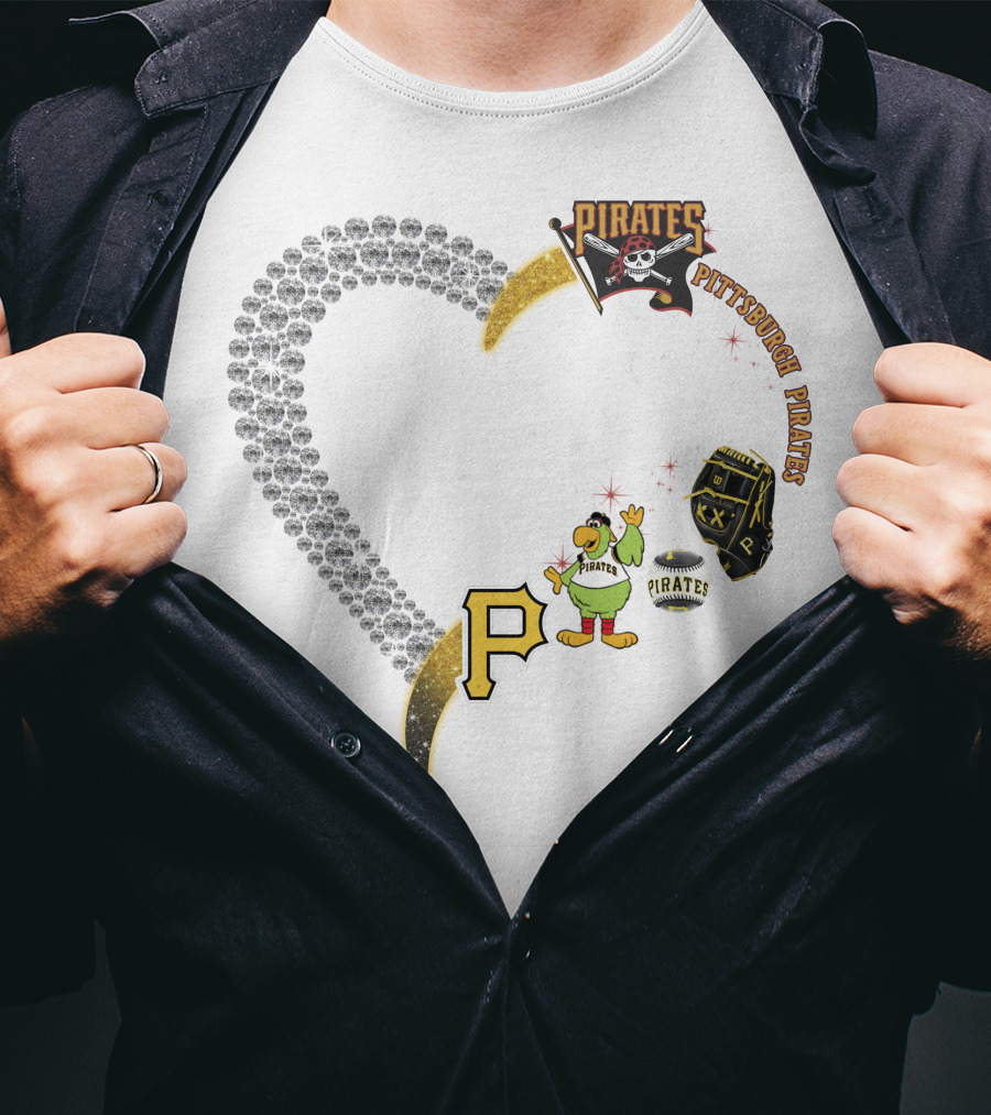 Pittsburgh Pirates Heart Logo Skully Parrot Baseball Glove P Patch T-Shirt