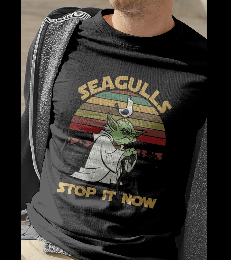 Seagulls STOP IT NOW Retro Yoda Parody With Seagull On Head T-Shirt
