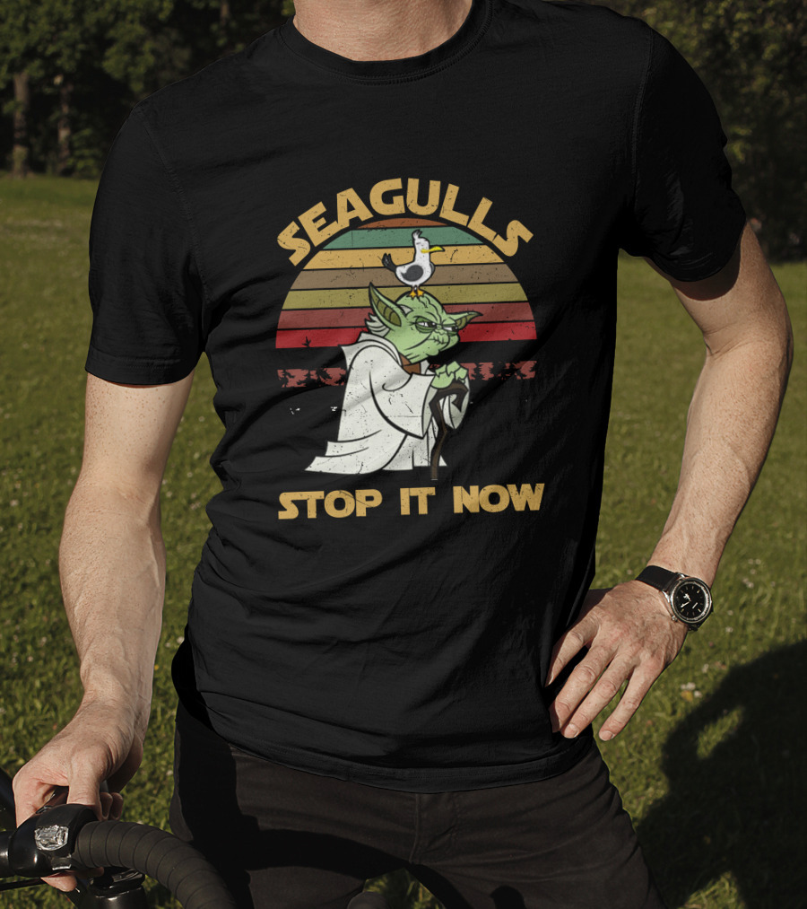 Seagulls STOP IT NOW Retro Yoda Parody With Seagull On Head T-Shirt