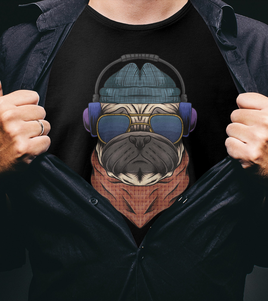 Bulldog Hipster Headphones Bandana Sunglasses Beanie T-Shirt