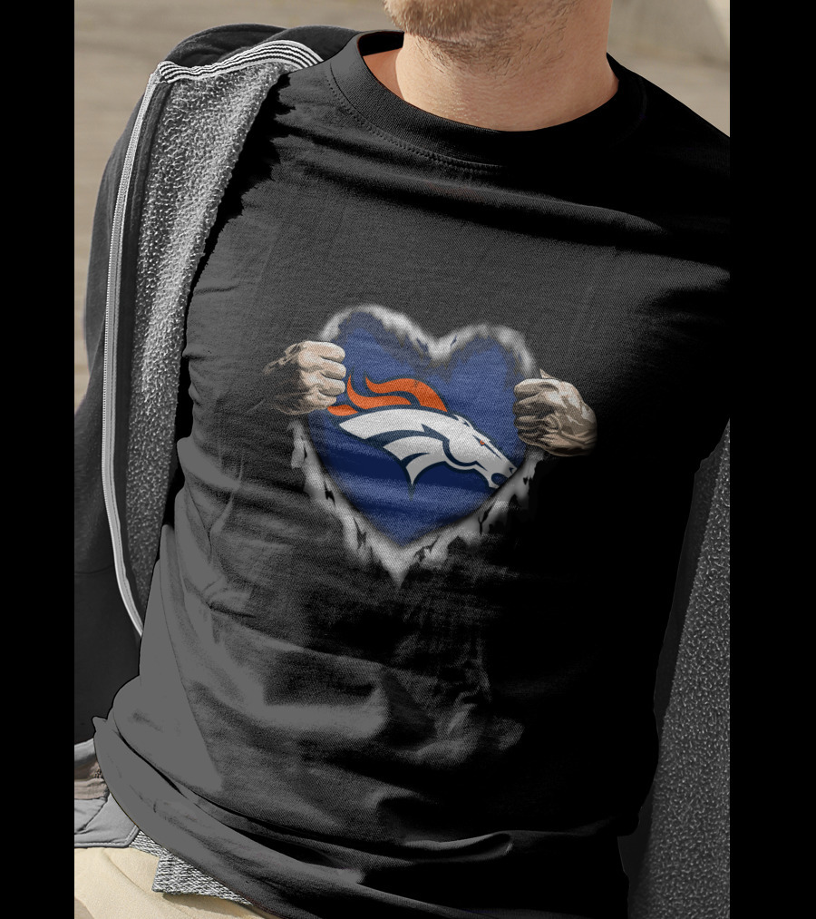 Denver Broncos Heart Rip Logo Hands T-Shirt